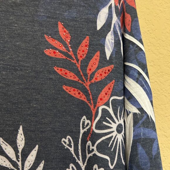 Jess & Jane Asymmetric Tunic Top Womens Medium Blue Floral Butterfly Rhinestone - Picture 5 of 7